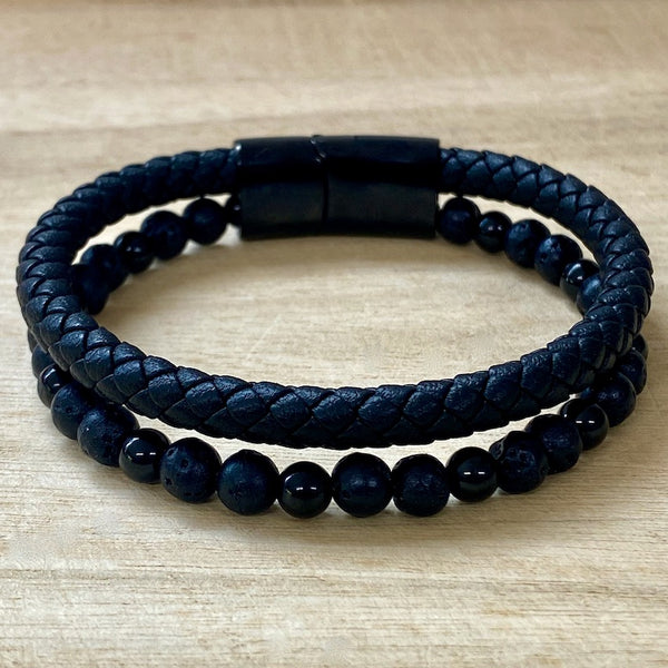 Leather & Stone Bracelet - Lava Stone & Black Onyx