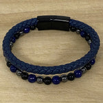 Leather & Stone Bracelet - Hematite, Lapis Lazuli & Black Onyx (navy)
