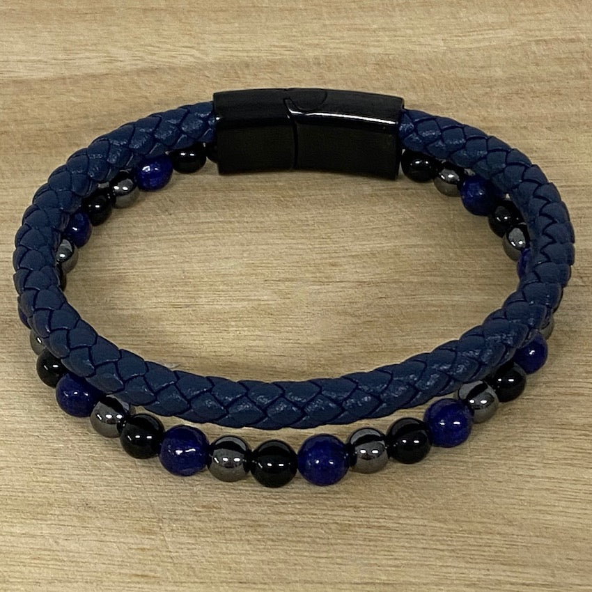 Leather & Stone Bracelet - Hematite, Lapis Lazuli & Black Onyx (navy)