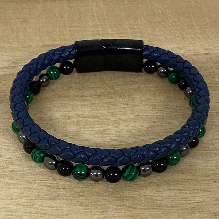 leather hematite malachite and onyx bracelet (navy)