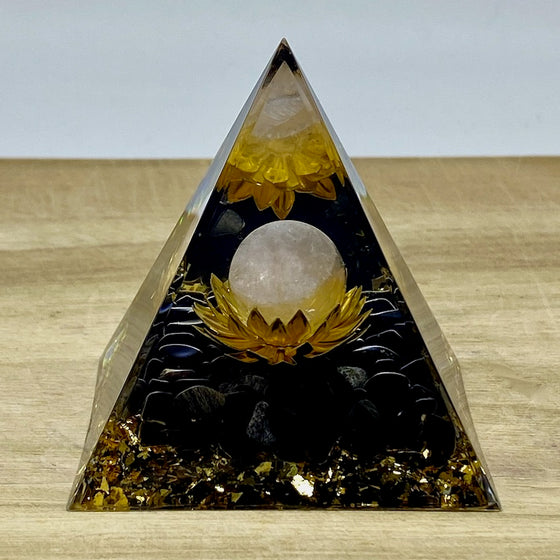 Orgone Pyramid - Obsidian and Rose Quartz Sphere on Lotus Flower