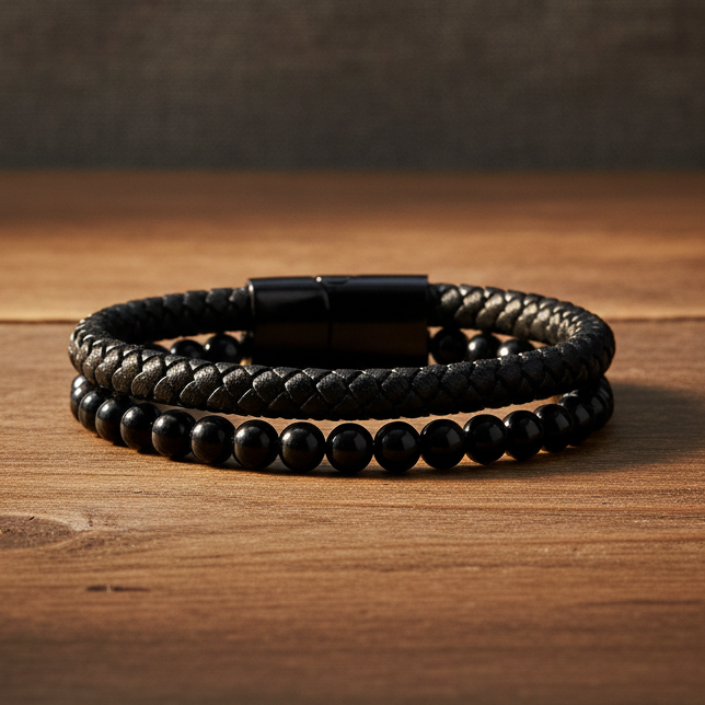 Leather & Stone Bracelet – Black Onyx | Unisex