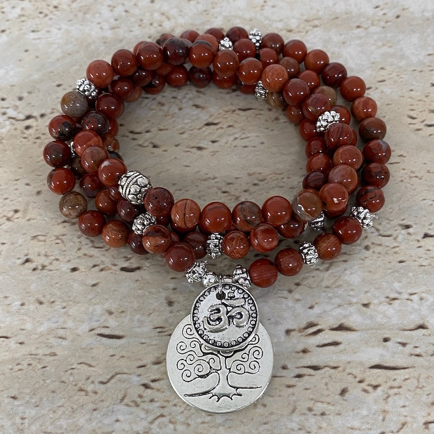 Poppy Jasper 6mm Stone Bracelet with Tree of Life and Om Charms