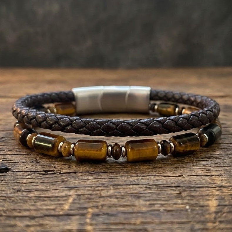 Premium Leather & Stone Bracelet – Tiger’s Eye | Unisex | Brown