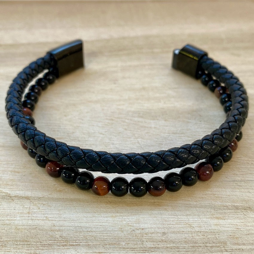 Red Tiger's Eye & Black Onyx Leather & Stone Bracelet - Open Clasp