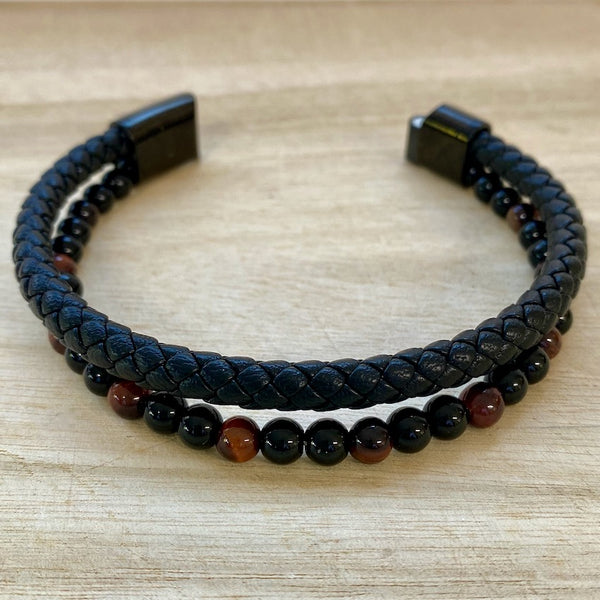 Red Tiger's Eye & Black Onyx Leather & Stone Bracelet - Open Clasp