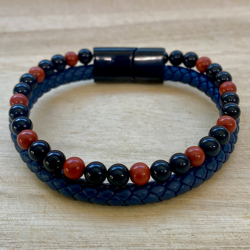 Leather & Stone Bracelet - Red Jasper & Black Onyx - Navy Blue
