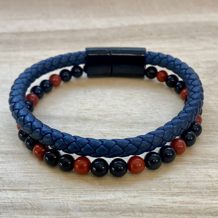 Leather & Stone Bracelet - Red Jasper & Black Onyx