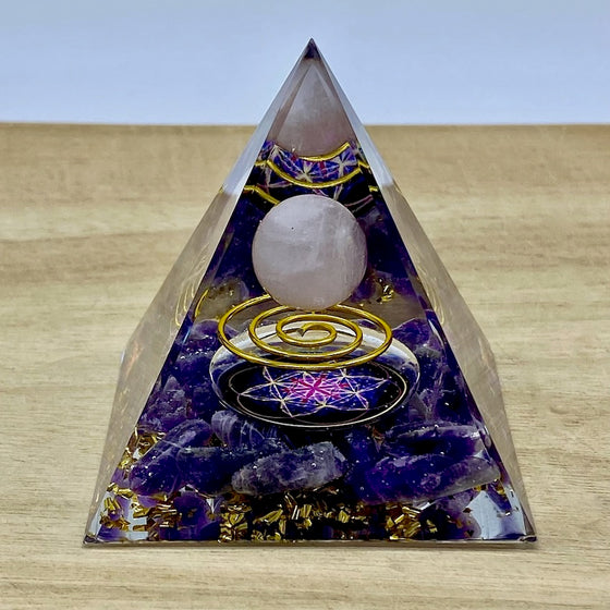 Orgone Pyramid - Amethyst and Rose Quartz Sphere