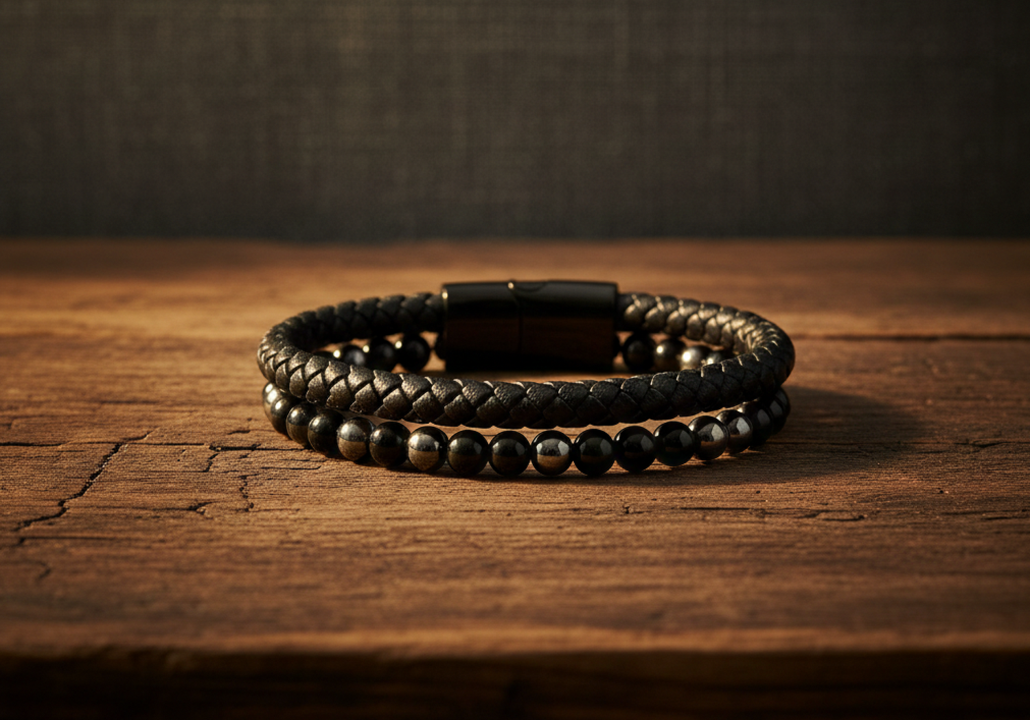 Black braided leather bracelet Hematite and Black Onyx

