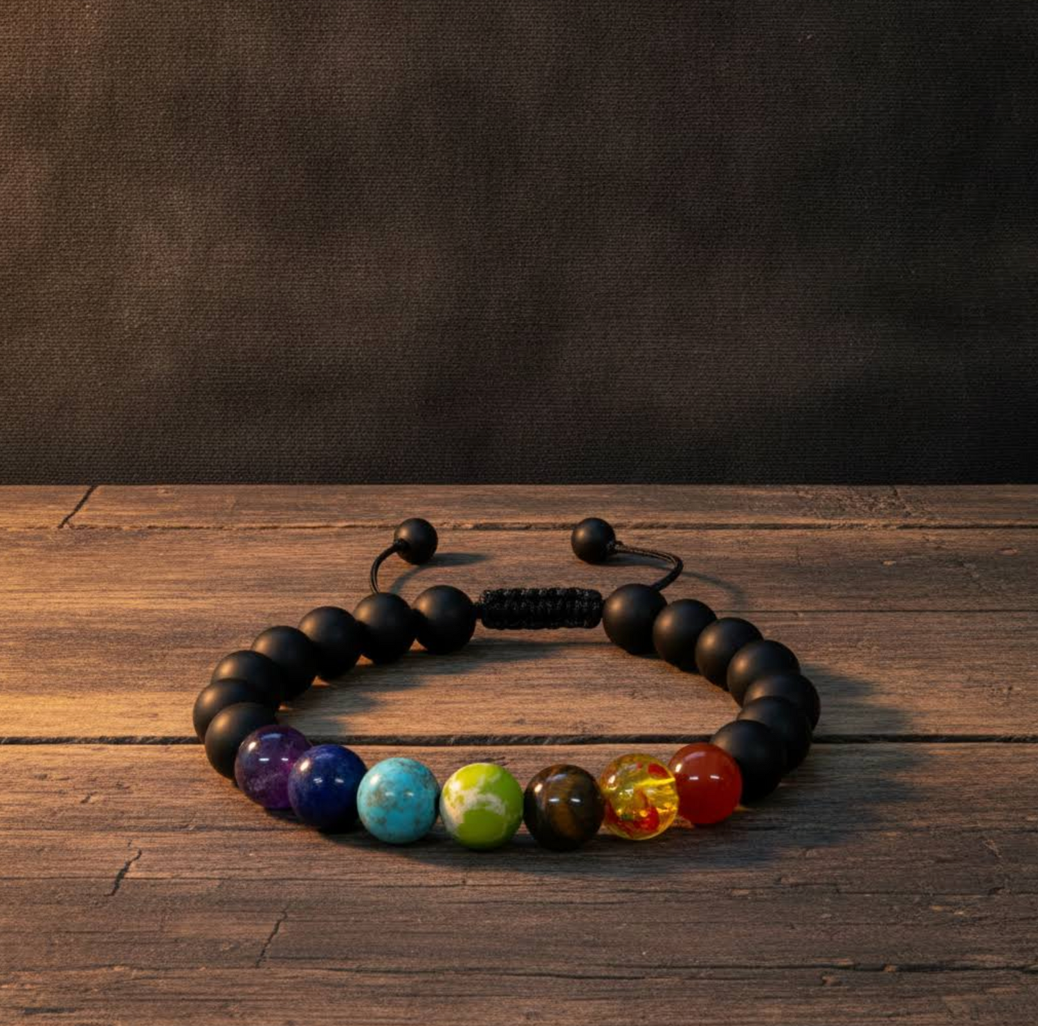7 Chakra Black Agate Bracelet - Adjustable  Natural Stone