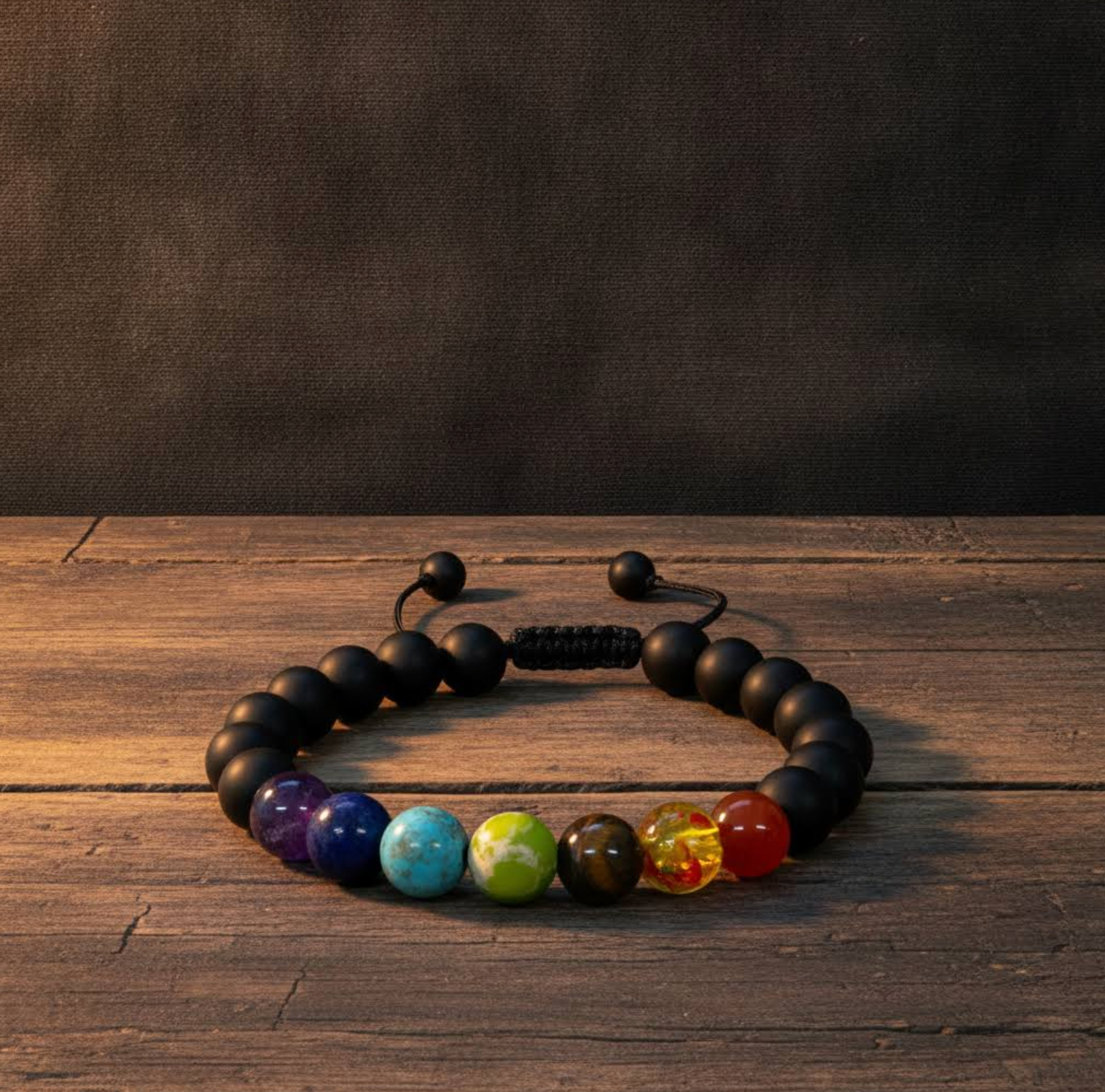 7 Chakra Black Agate Bracelet - Adjustable  Natural Stone