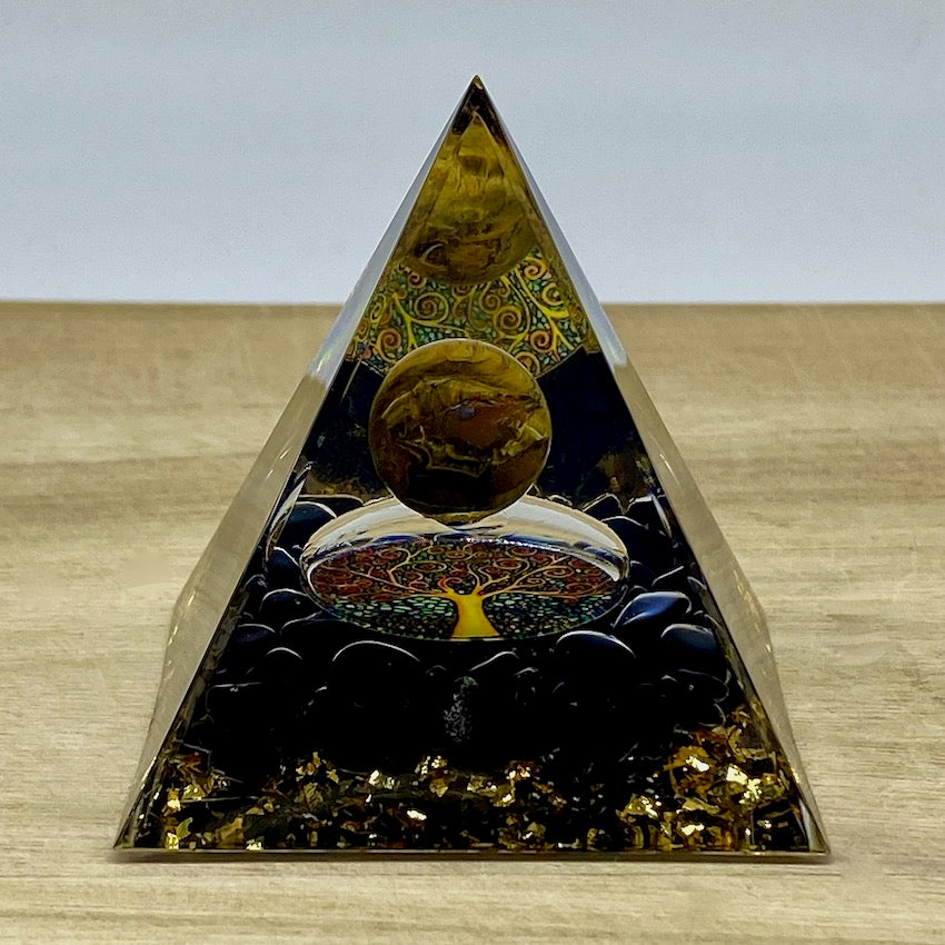 Orgone Pyramid - Obsidian and Tiger Eye Sphere