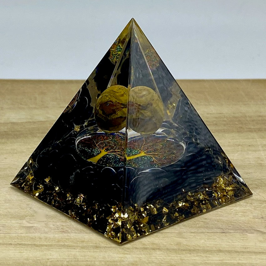 Obsidian and Tiger Eye Sphere - Orgone Pyramid