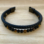 Tiger's Eye & Black Onyx Leather & Stone Bracelet - Open Clasp