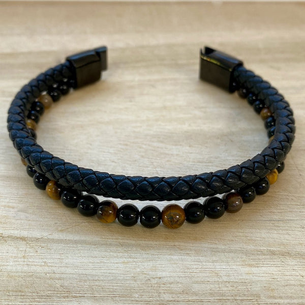 Tiger's Eye & Black Onyx Leather & Stone Bracelet - Open Clasp