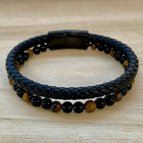 Leather & Stone Bracelet - Tiger's Eye & Black Onyx