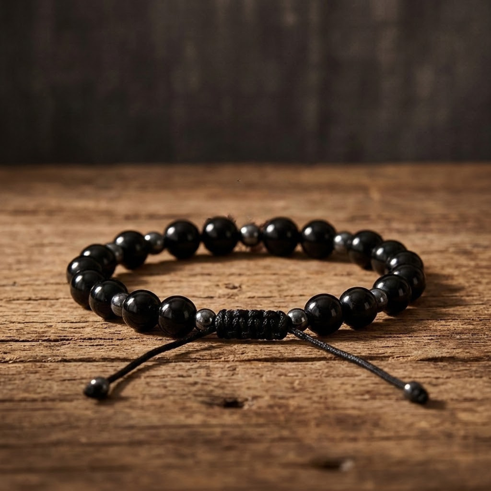 Black Obsidian and Hematite Bracelet | Unisex - Adjustable