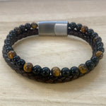 Leather & Stone Bracelet Tiger Eye Black Onyx - Brown Leather 