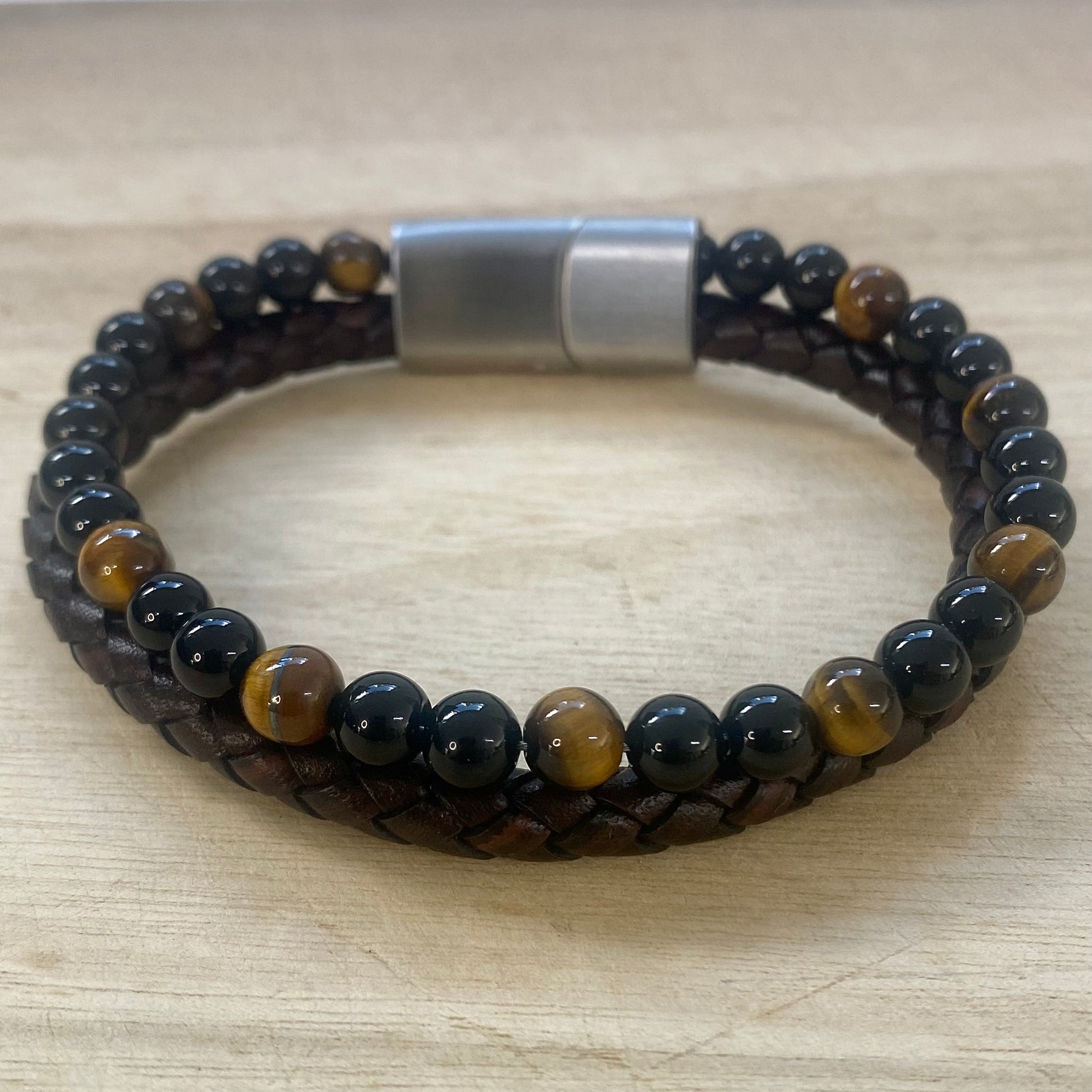 Leather & Stone Bracelet Tiger Eye Black Onyx - Brown Leather 