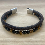 Leather & Stone Bracelet Tiger Eye Black Onyx - Brown Leather unclasped