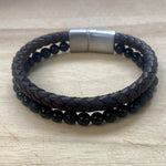 Leather & Stone Bracelet – Black Onyx & Lava Stone | Unisex Brown Leather Bracelet