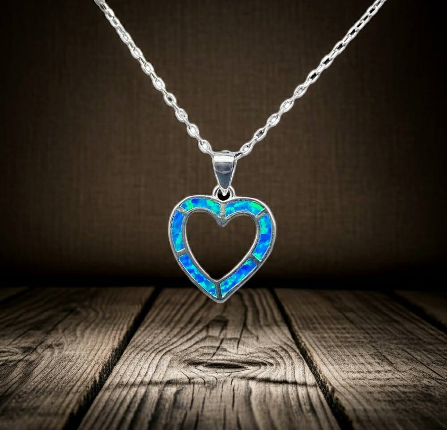Blue Opal Heart necklace with a sterling silver chain
