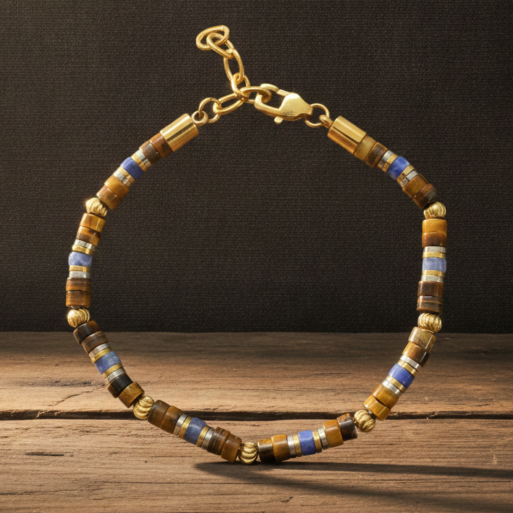 Terrain Canyon adjustable bracelet with Blue Sodalite, Yellow Tiger Eye and gold- and silver-tone stainless steel spacers.