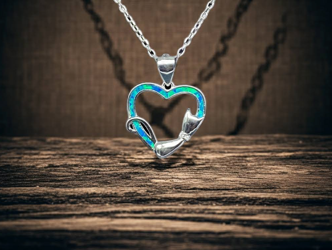 Blue Opal Heart with Cat Necklace