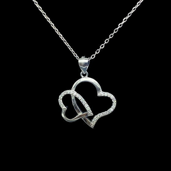 silver and zircon double heart necklace