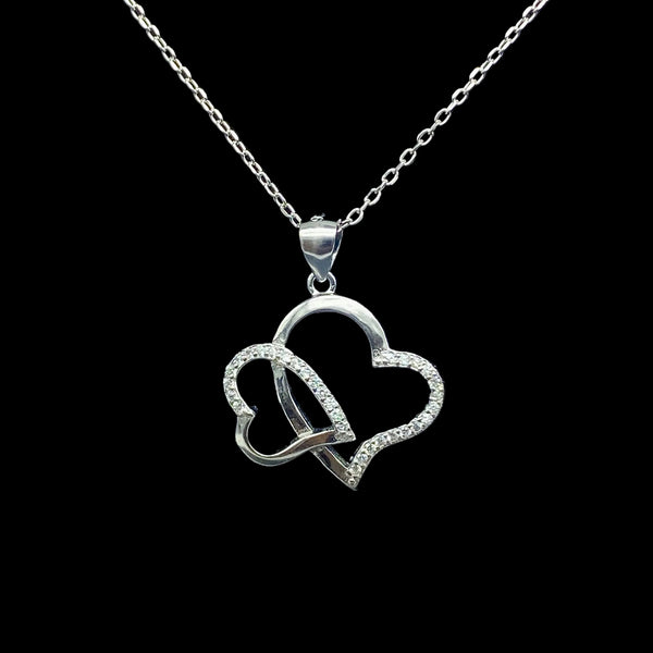 silver and zircon double heart necklace