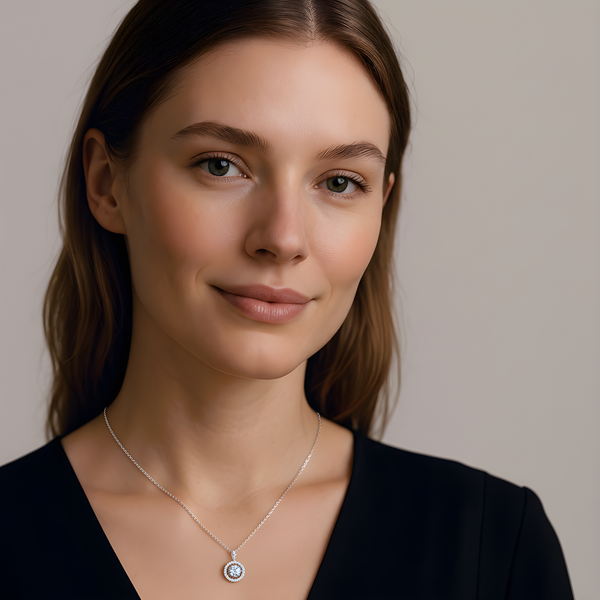 model wearing orbit halo moissanite necklace

