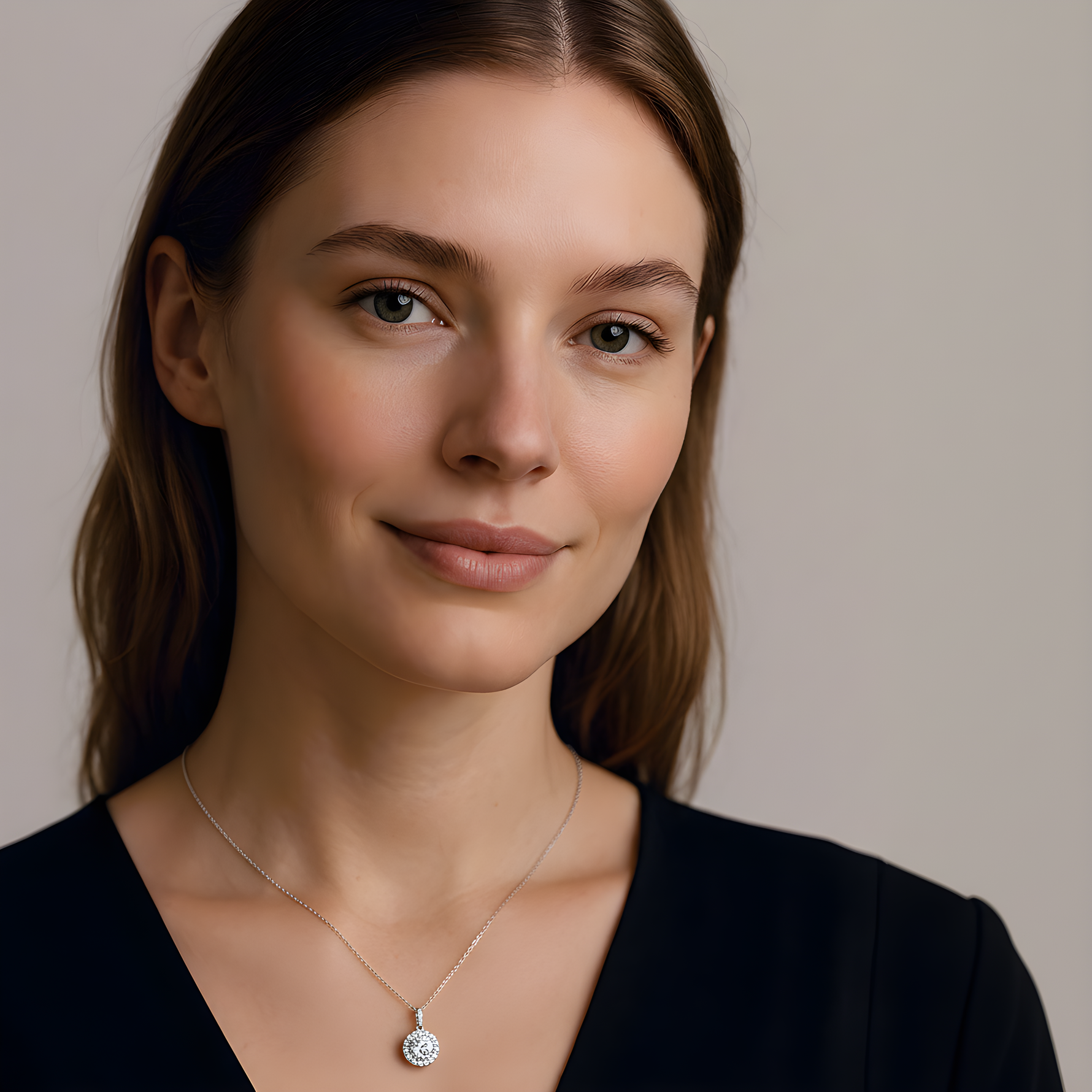model wearing halo circle moissanite necklace