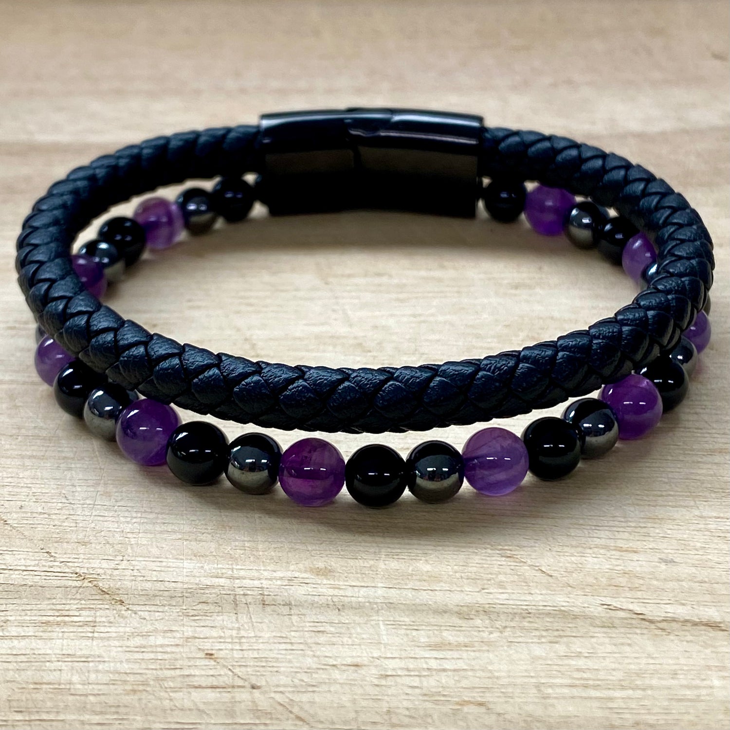 Leather & Stone Bracelet - Hematite, Amethyst & Black Onyx