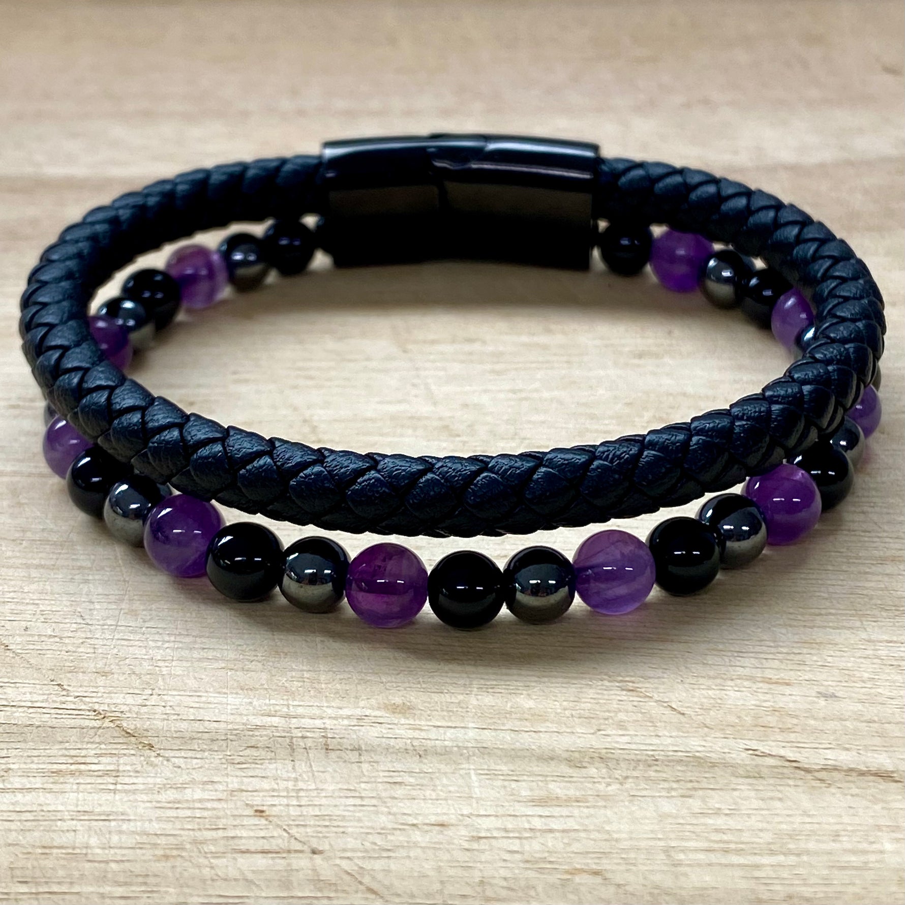 Leather & Stone Bracelet - Hematite, Amethyst & Black Onyx