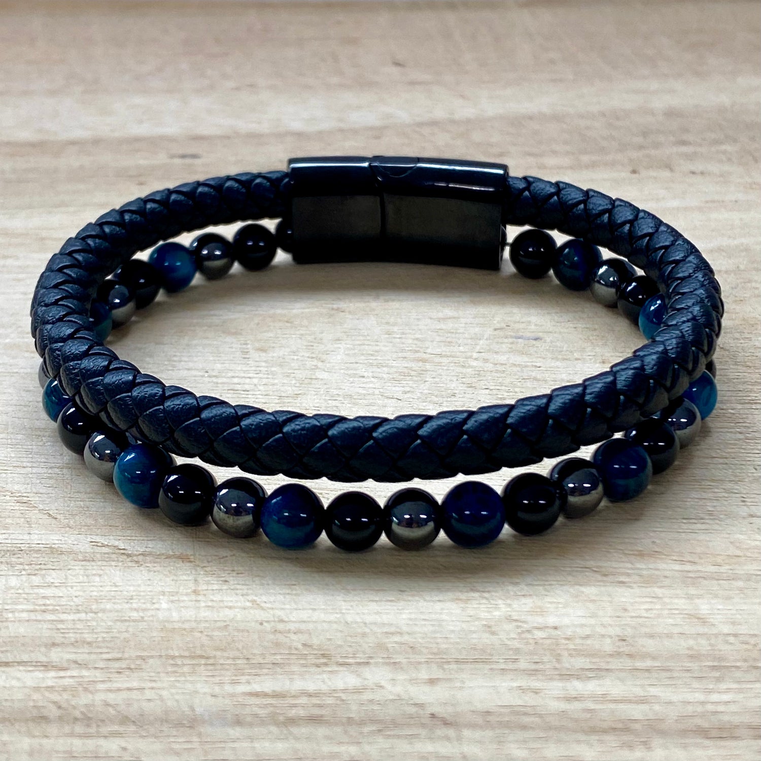 Leather & Stone Bracelet - Hematite, Blue Tiger's Eye & Black Onyx