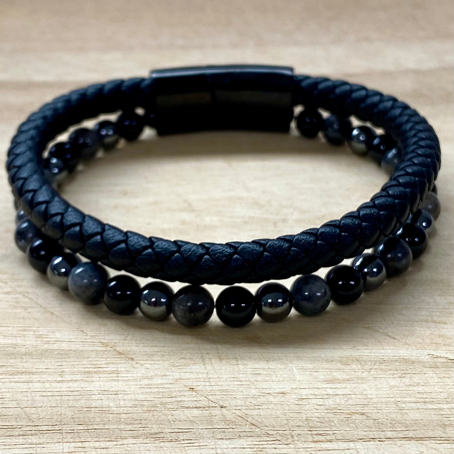 Leather & Stone Bracelet - Hematite, Labradorite & Black Onyx