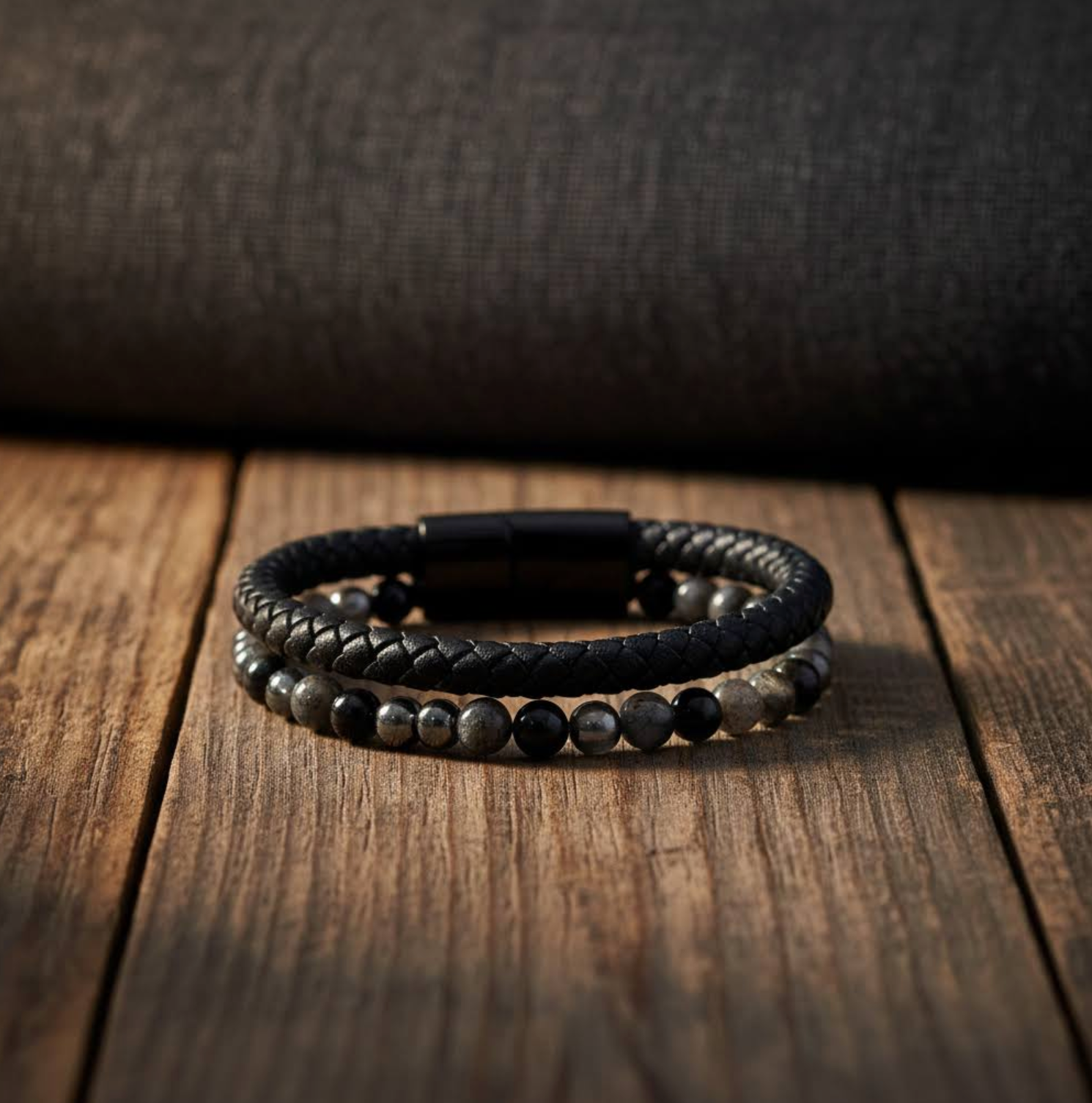 Leather hematite, labradorite & black onyx  bracelet  on a wooden surface