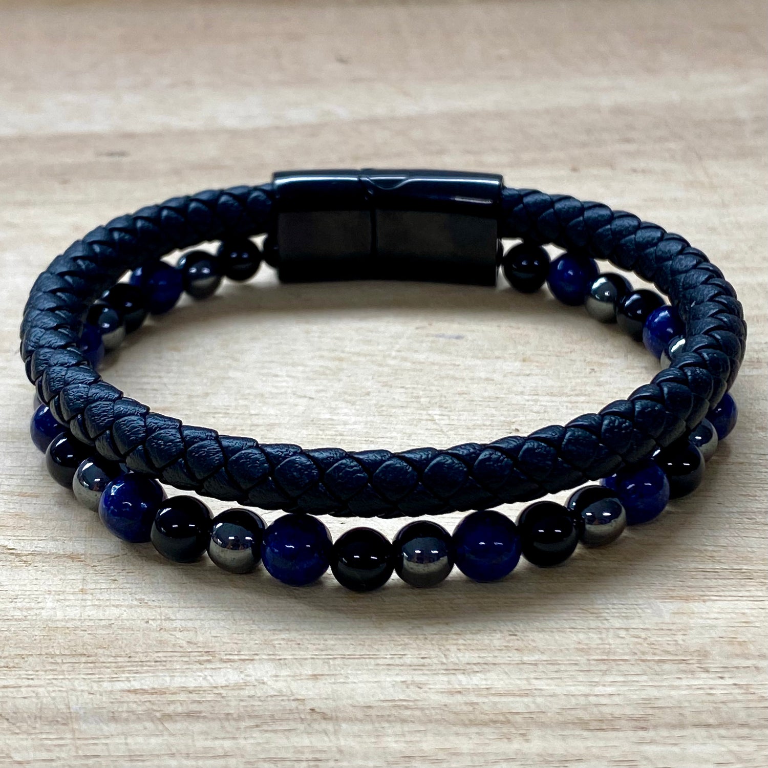 Leather & Stone Bracelet - Hematite, Lapis Lazuli & Black Onyx
