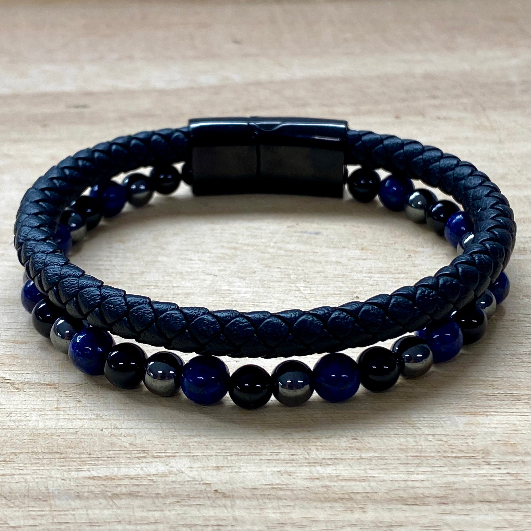 Leather & Stone Bracelet - Hematite, Lapis Lazuli & Black Onyx