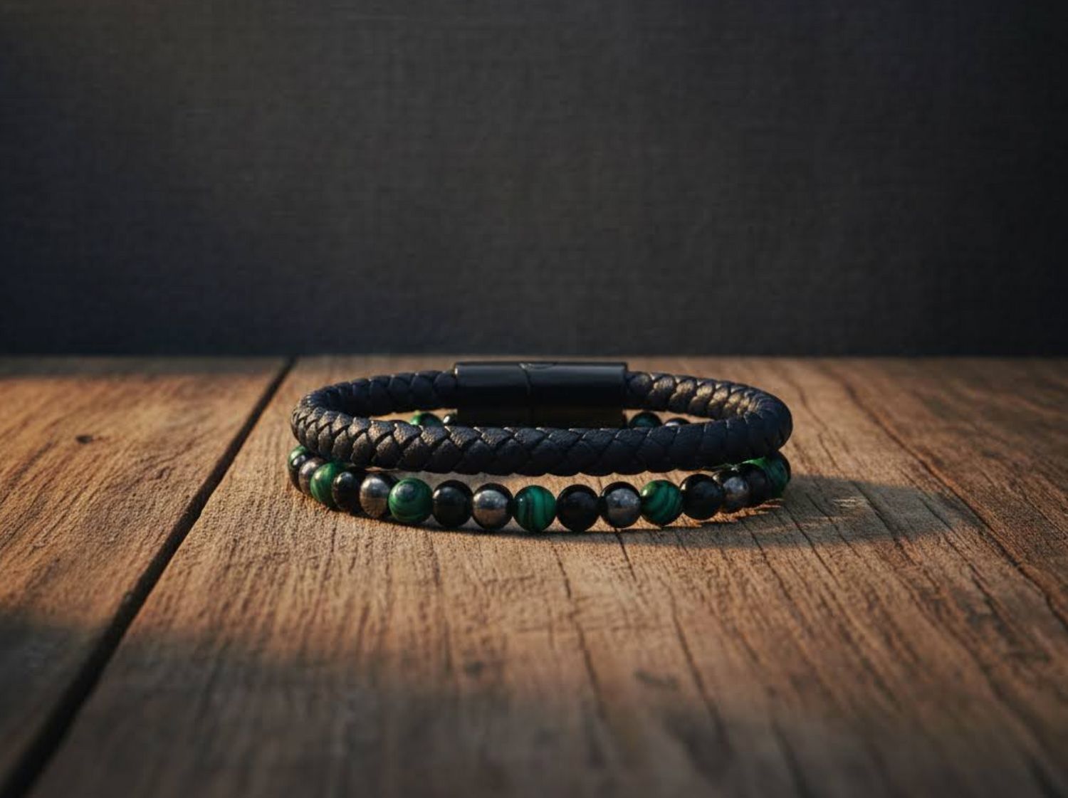 hematite, malachite & black onyx leather bracelet