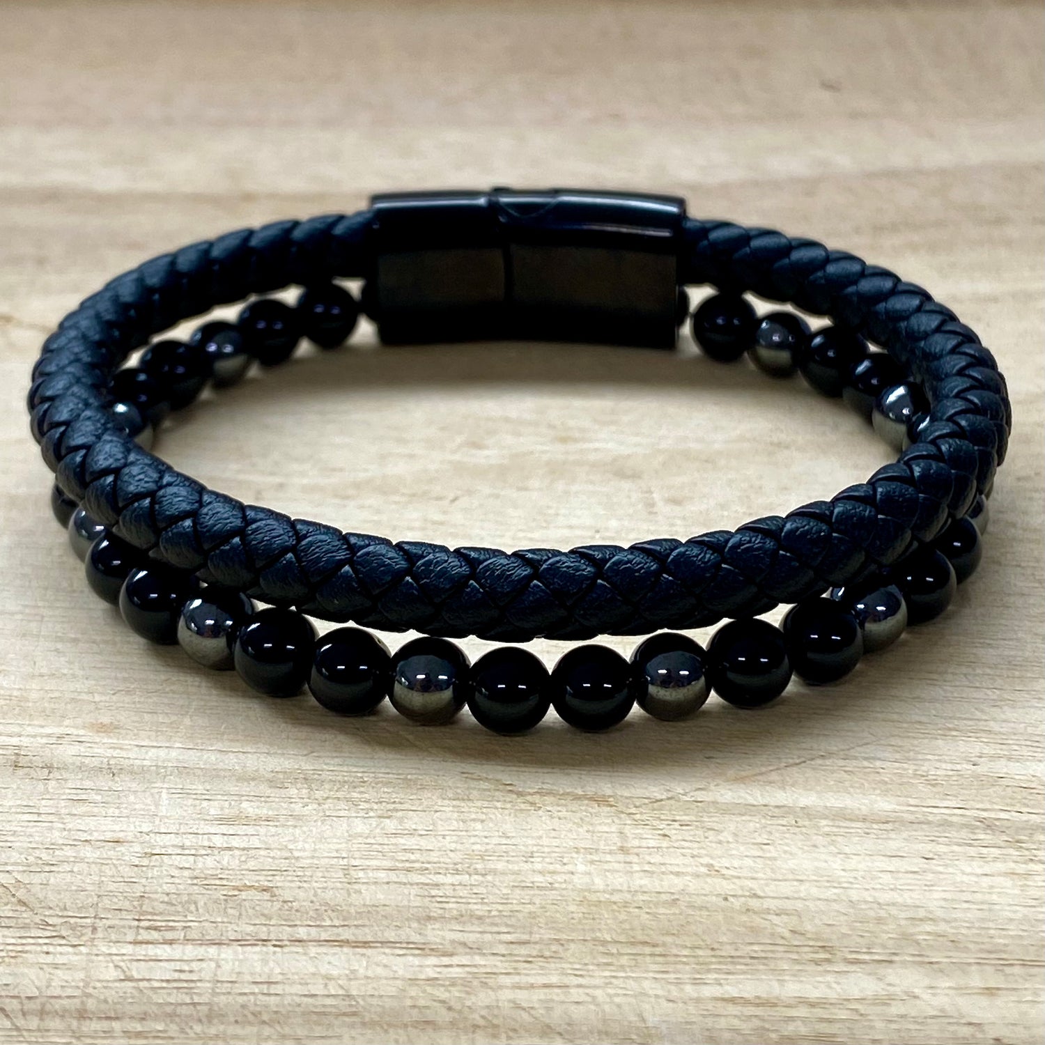 Leather & Stone Bracelet - Hematite & Black Onyx