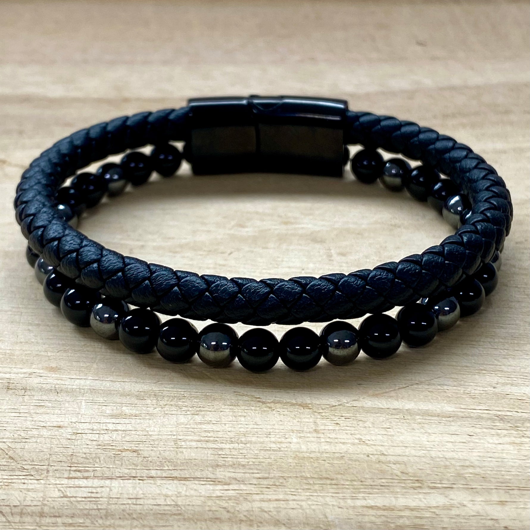 Leather & Stone Bracelet - Hematite & Black Onyx