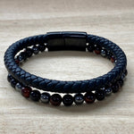 Leather & Stone Bracelet - Hematite, Red Tiger's Eye & Black Onyx