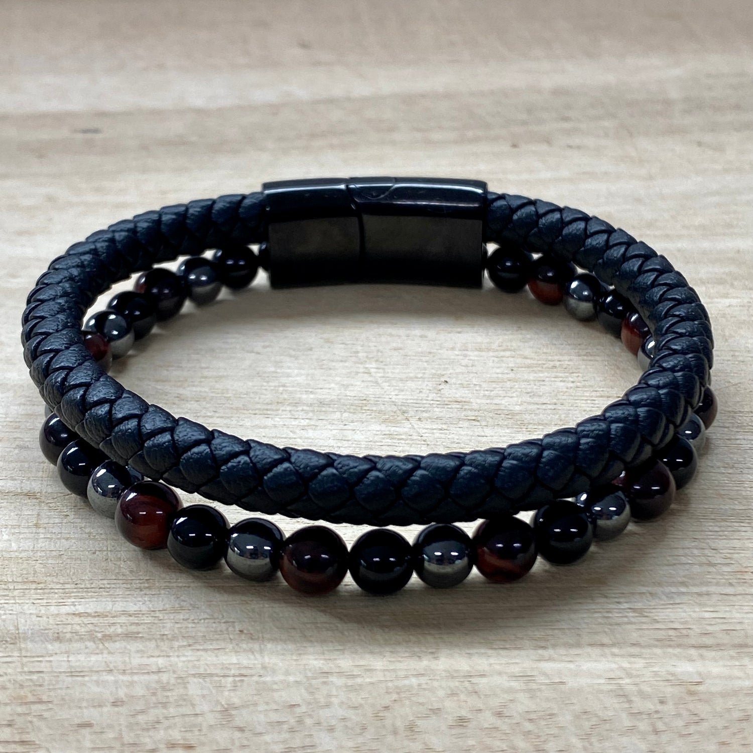 Leather & Stone Bracelet - Hematite, Red Tiger's Eye & Black Onyx