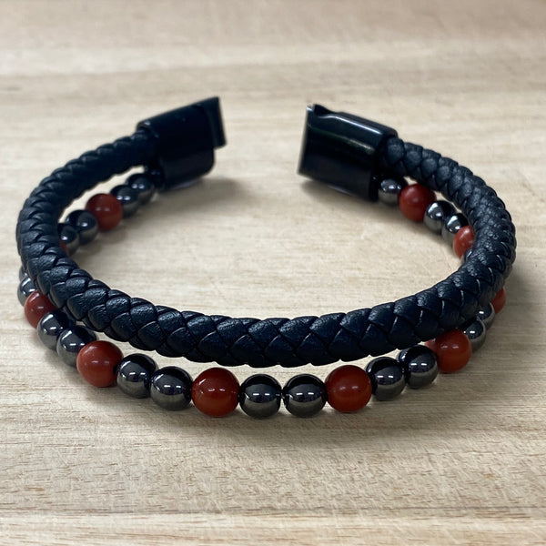 Leather & Stone Bracelet - Hematite & Red Jasper - Open Clasp
