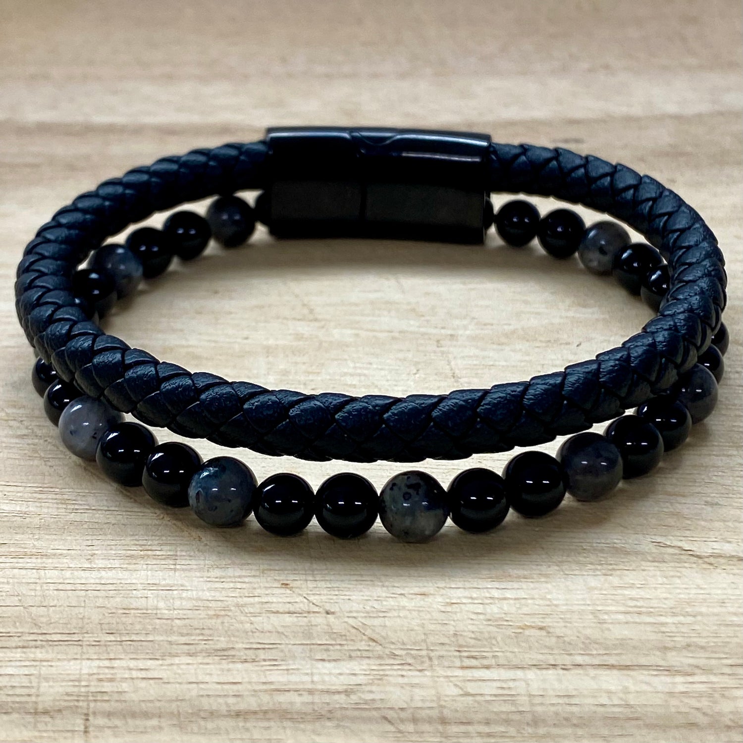 Leather & Stone Bracelet - Labradorite & Black Onyx