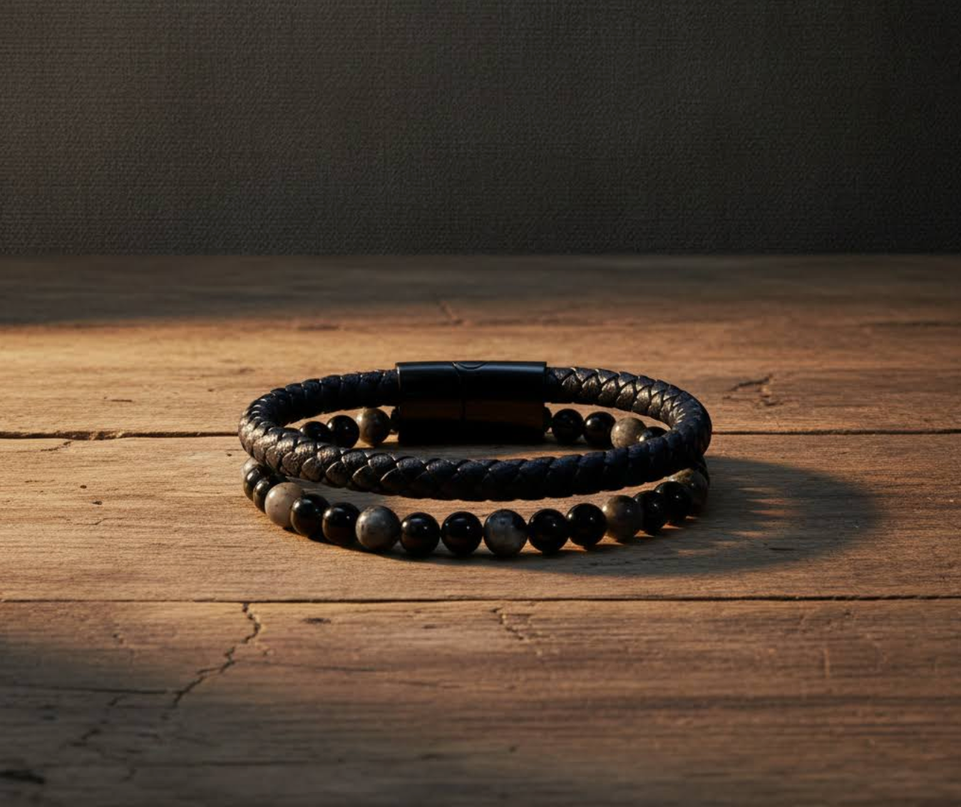 labradorite and black onyx leather bracelet on a wooden surface
