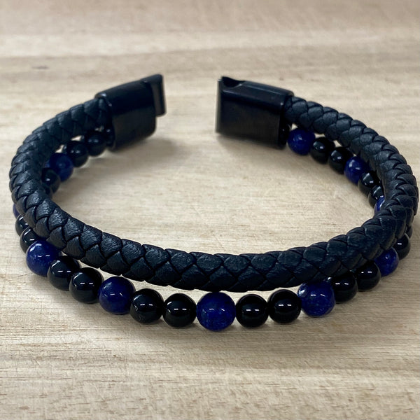 Leather & Stone Bracelet - Lapis Lazuli & Black Onyx - Open Clasp
