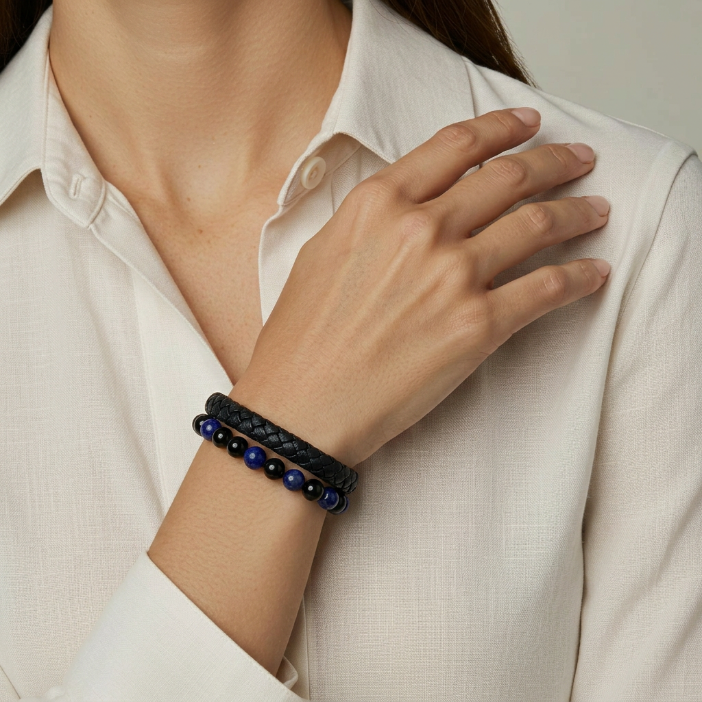Our female model wearing a lapis lazuli & onyx  leather bracelet